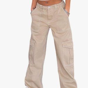 High Waist Stretch Cargo Pants Baggy Multiple Pockets Relaxed Fit Straight SizeS